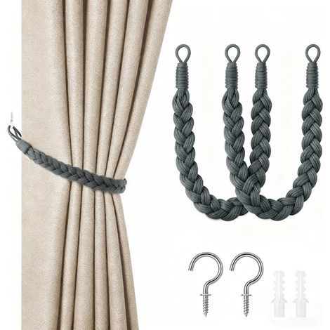 Lot de 2 embrasses pour rideaux en cordon de 60 cm - Embouts tissés à la main - Gris foncé (1/5)