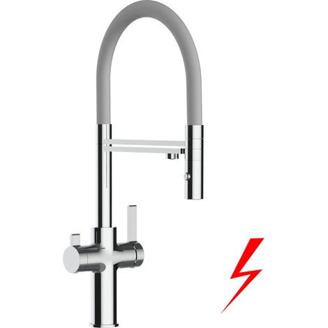 NIEDERDRUCK 3 Wege Wasserhahn Küchenarmatur Spültischmischer, Verchromt mit 360° schwenkbarem Auslauf, abnehmbare 2 strahl Handbrause, Flex-Schlauch oben in Grau - VZFC Linie (1/5)