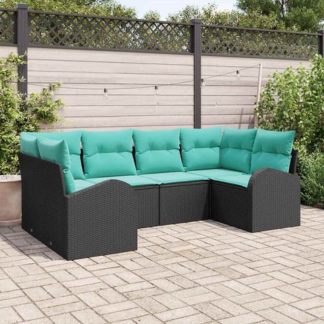 Salon de jardin 6 pièces en polyrotin noir et turquoise avec coussins - PANGIVO (1/5)