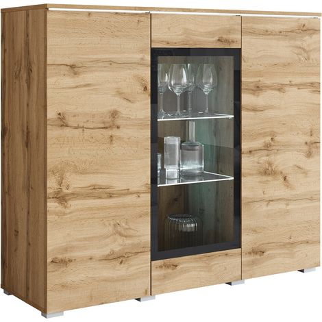 Aparador Mirfivo 103, Roble wotan, 104x120cm, Número de puertas: 040cm, Aglomerado laminado, Vidrio templado, LED (1/5)