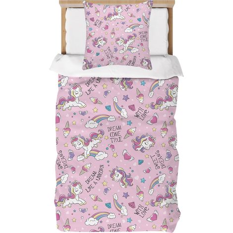 Parure de lit pour enfant - 135 x 200 cm - En microfibre douce - Motif licornes roses - Avec fermeture éclair - Housse de couette et 1 taie d'oreiller de 80 x 80 cm - Cadeau pour fille (1/5)