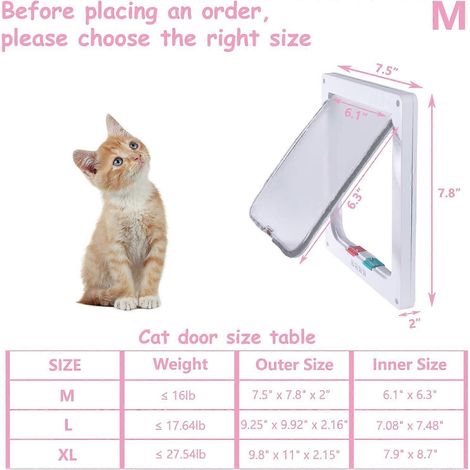 Porte pour chat goTeamghjkl (dimensions extérieures : 19 cm x 20 cm), porte pour chat moyenne à verrouillage 4 positions pour portes intérieures et extérieures, résistante aux intempéries, pour chats (1/5)