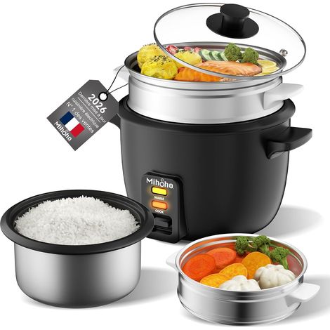 Cuiseur à riz, cuiseur à riz 1 L avec cuiseur vapeur, avec cuve intérieure antiadhésive pour préparer des soupes,des ragoûts,des céréales,des céréales,Conservation de la chaleur (noir K) (1/5)