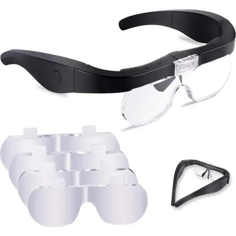 Lupa con 2 LED, diadema con lupa, auriculares con lupa manos libres con 4 lentes intercambiables para lectura, fabricación de joyas, costura y manualidades (1,5x-5x) - Crezuo