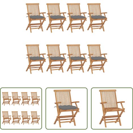 Teakholz - Gartenstühle mit Grauen Kissen 8 Stk. Massivholz Teak (1/5)