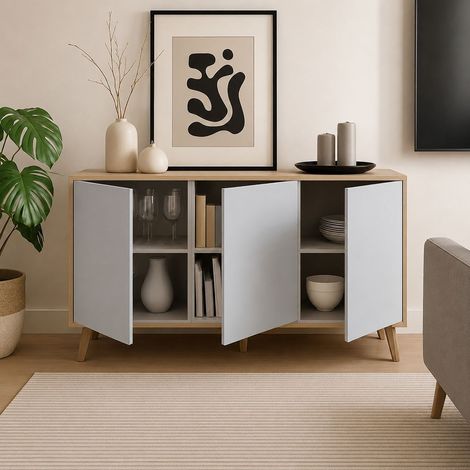 Credenza - 3 Ripiani 3 Ante, Marrone Rovere, -, 154x41x75h cm Pergamino (1/4)