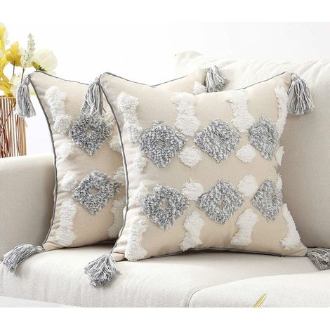 Housse de Coussin 45x45 Geometrique Coton Decoration Taie Oreiller Carre Boho avec Frange 2pcs Cushion Cover pour Maison Canape Salon Chambre Lit Bureau Voiture - Gris (1/5)