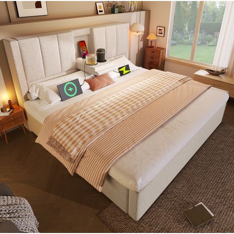 Polsterbett Leinen Beige 160x200 cm mit Matratze, Stauraum, USB-Ladestation und verstecktem Becherhalter (1/5)