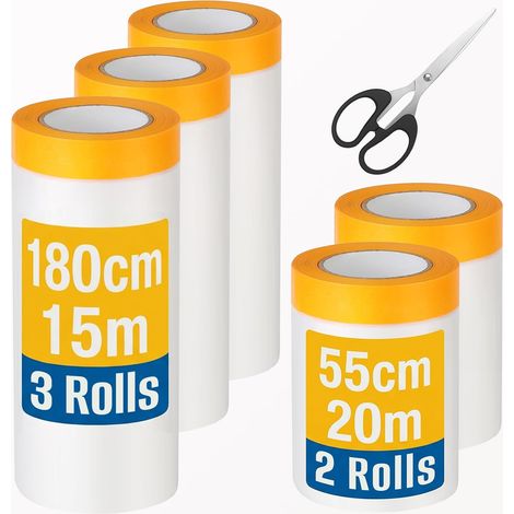5 Masker Rolls with Masking Tape (180 cm x 15 m x 3, 55 cm x 20 mm x 2 mx2), Protective Paint, Pre-Adhesive Masking Film for Furniture, Floors (1/5)