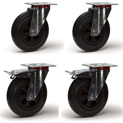 2Gt Roues Et Roulettes – Lot de 4 roulettes pivotantes à frein caoutchouc noir 80 mm – Charge 150 kg – Pour sols irréguliers – Fixation à platine (1/4)