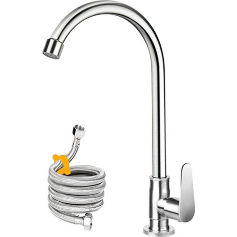 robinet d'eau froide, roulement à billes en acier inoxydable - Cuisine à un seul trou - Eau froide pour cuisine, extérieur, jardin et bar avec tuyau et tube fileté plus long (1/5)
