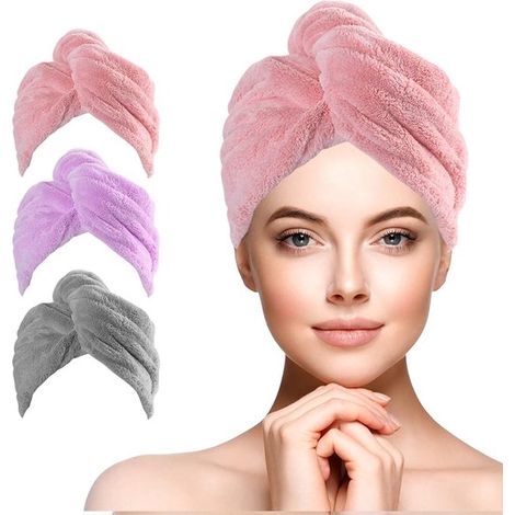 Asciugamano per capelli,3 pezzi,asciugamano per capelli in microfibra,asciugamani asciugacapelli con bottone decorativo per donna (1/5)
