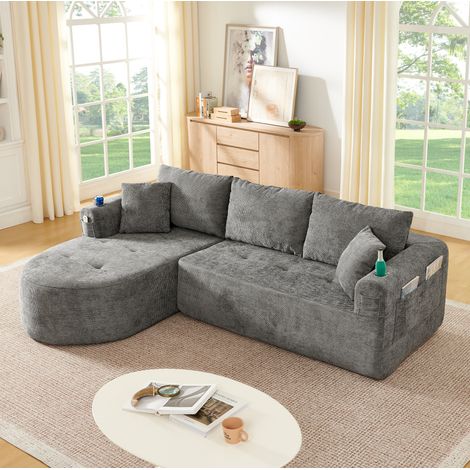Sofa L-Form mit Becherhalter und Seitentaschen Grau OKMYHOME (1/5)
