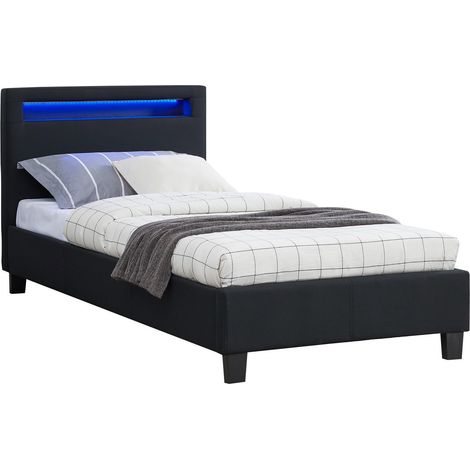 Idimex – Lit simple noir 90x190 cm – Tête de lit rembourrée avec éclairage LED – Sommier à lattes inclus – Design moderne et élégant (1/4)