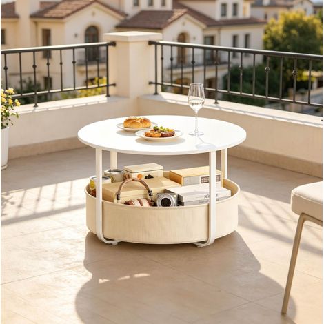 Mesa de centro redonda con cesta de tela 80 x 50 cm blanca y beige OKWISH (1/5)