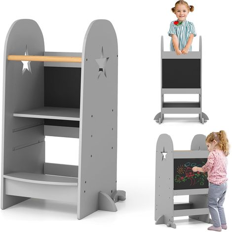 COSTWAY 3-in-1 Torre Montessoriana per Bambini Regolabile in Altezza su 3 Livelli, Torre di Apprendimento con Doppia Lavagna, Pedane Alzabimbo con Protezione, per Cucina e Bagno, da 36 Mesi, Grigio (1/5)