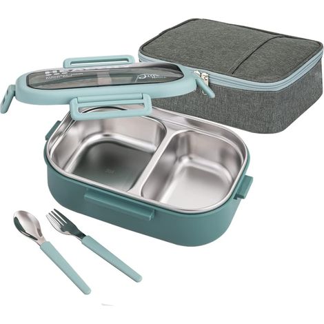 Boîte Bento Acier Inoxydable 850ML - 2 Compartiments - Sans BPA - Avec Sac Et Couverts - Vert (1/5)