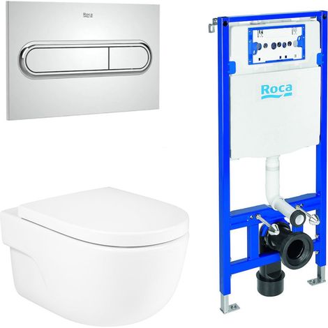 ROCA PACK MERIDIAN+DUPLO Inodoro Suspendido Rimless Pulsador Cromo - Asiento: Caida Amortiguada - ref: A34624L+A8012A200B+A890070020+A890195001 (1/2)