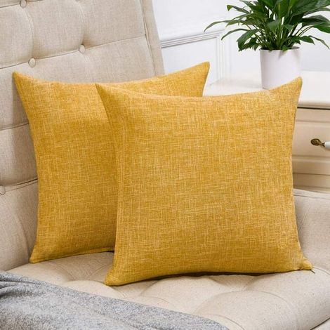 Lot de 2 Housses de Coussin Jaune Moutarde, Lin Rustique Décoratif, Taie Carrée 45x45 cm pour Canapé, Fauteuil et Salon (1/3)