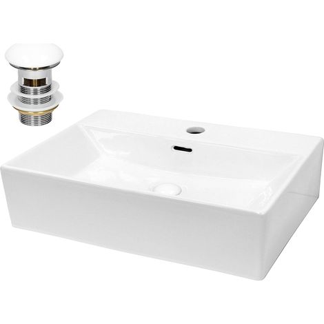 ECD Germany Lavabo da Appoggio con Set di Scarico 515 x 360 x 130 mm Ceramica Bianca Rettangolare Lavandino con Troppopieno con Fori di Dimensioni Standard Lavamano da Bagno con Piletta (1/5)