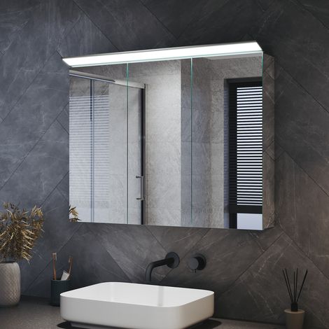 SIRHONA Armoires murales de salle de bain avec miroir rétroéclairé 8K et charnières hydrauliques, trois portes 800x600mm en acier inoxydable (1/5)