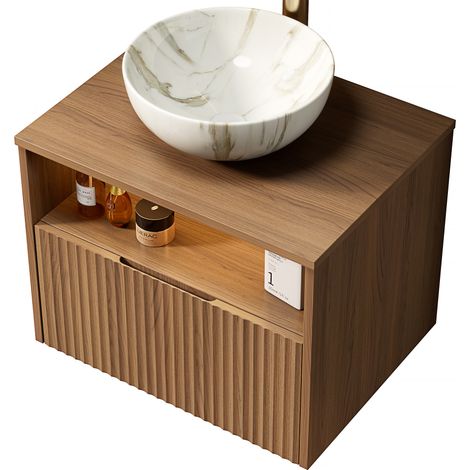 60cm MINA Mur de salle de bain, armoire en contreplaqué rayé avec tiroir, sans évacuation ni robinet, couleur veinage de bois de noyer (1/4)