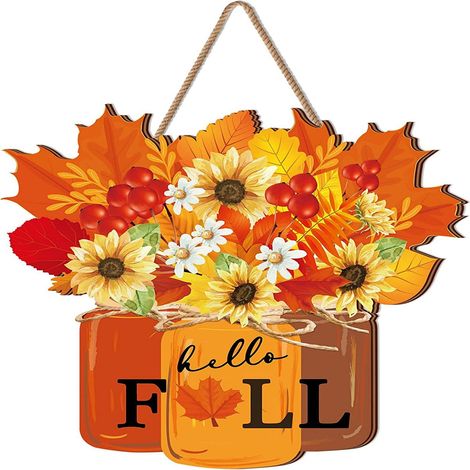 Guirlande Automnale - Couronne Décorative Feuilles Érable et Tournesol - Pour Porte Extérieure Intérieure Fenêtre Mur - 30 cm - Bois Naturel (1/5)