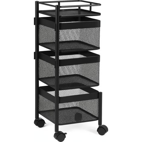 Resserre Métallique Carrée 3 Niveaux à Roulettes Noir Rangement Cuisine/Bureau/Salle de Bain 28 x 28 x H 61 cm - Livraison gratuite