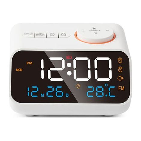 Multifunctional rechargeable white alarm clock with radio, electronic clock with intelligent temperature and humidity display. (1/5)