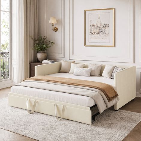 Canapé-lit convertible 90/180x200 cm, lit gigogne 2 places avec sommier à lattes et dossier rembourré, lit capitonné tissu en velours, sans matelas, beige (1/5)