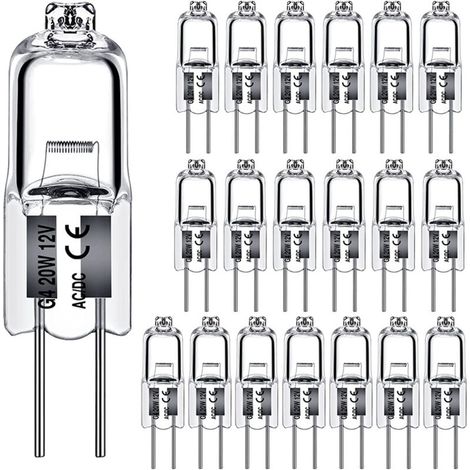 Paquete de 20 bombillas halógenas G4 de 20 W y 12 V, cápsulas transparentes de 2 pines, lámpara halógena con base de pines, cápsulas transparentes de luz blanca cálida para iluminación.
