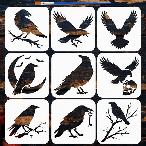 9 pcs pochoir de peinture corbeau avec pinceau 15x15cm pochoir plastique silhouette corbeau modèle dessin PET lune crâne branches pochoirs modèle thème animal pour bricolage décoration (1/5)