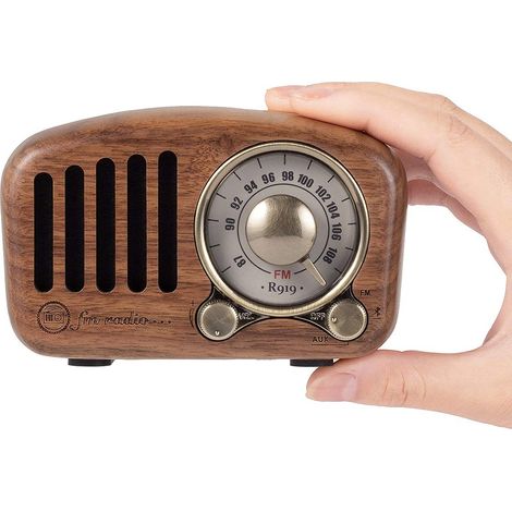 Radio FM classique rétro en bois, petite radio portable avec haut-parleur Bluetooth, radio nostalgique avec fonction AUX/SD, batterie rechargeable 1100 mAh (bois de noyer). (1/5)