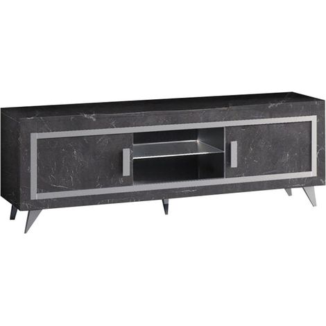 GUEDA - Meuble TV 2 Portes Effet Marbre Anthracite Finition Argent avec Leds (1/3)