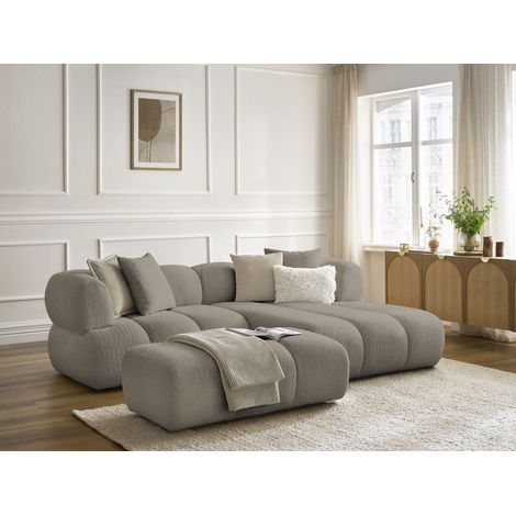 BOBOCHIC - Canapé d'angle fixe PAMIRA tissu bouclette avec pouf Angle droit Taupe (1/5)