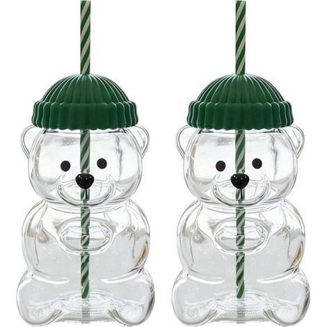 Lot de 2 Gobelet, Verre borosilicate, Paille inclus, Design ours, Pour café jus cocktails (1/5)