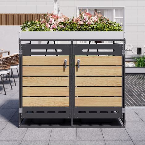 Cubierta para cubos de basura de hierro negro con 2 compartimentos, jardinera superior, ventilación y puertas con cerradura (1/5)