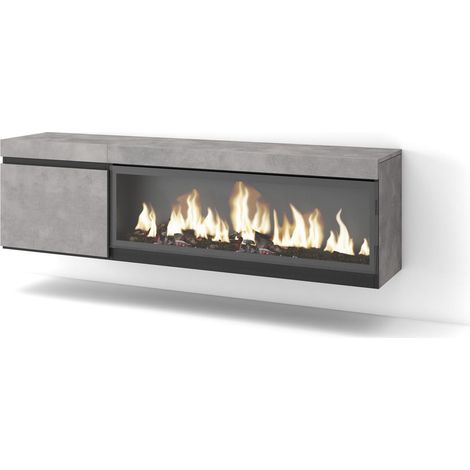 Skraut Home – Meuble TV suspendu avec cheminée électrique XXL – Grand espace de rangement – Dimensions 158x35x45cm – Pour TV jusqu'à 65" – Style moderne gris ciment (1/5)