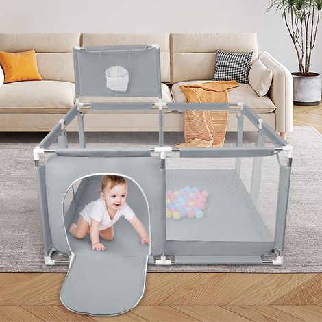 Laufstall mit atmungsaktivem Netz, großer Spielfläche, Mini-Basketballkorb und 50 Bällen – Dunkelgrau, 126 x 126 x 66 cm (1/5)