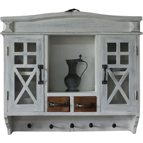 Mueble de cocina rústico con vitrina, acabado blanqueado. (1/5)