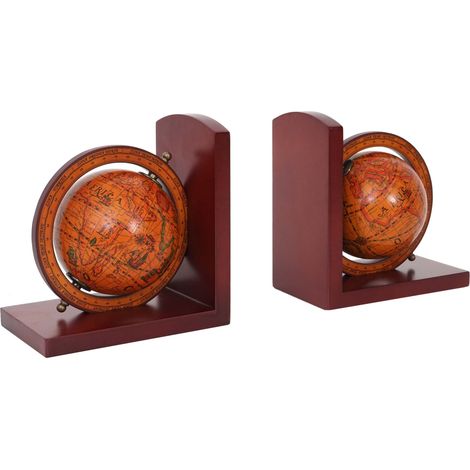 Set di 2 fermalibri a forma di globo marrone certificati FSC, decorazione per mensola 040000177
