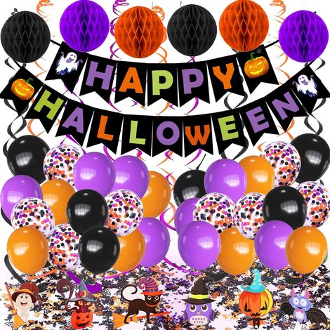 Kit de décoration et bannière « Joyeux Halloween » : boules en papier alvéolé, serpentins, confettis et ballons à motifs citrouille/chauve-souris/chat pour une décoration de fête intérieure/extérieure (1/5)