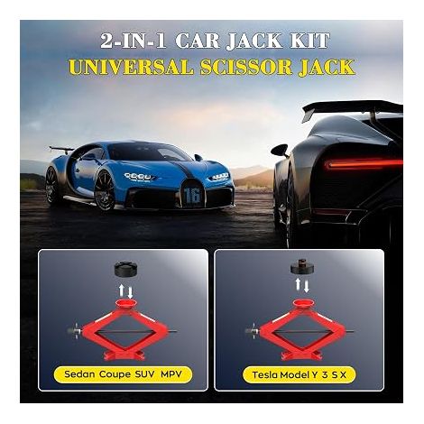 IMAYCC Cric Voiture 2.5T/2500kg,Universel Crique Voiture avec 2 Tampon Caoutchouc, Portable Cric de Levage avec Clé pour Écrous de Roue, Kit Urgence Automobile pour SUV MPV VoitureTesla 3/Y/X/S (1/4)