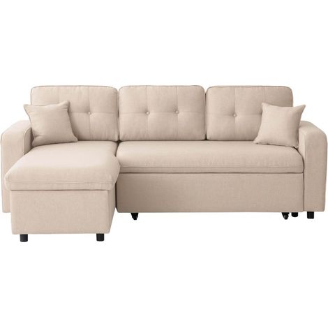 Loungitude – Canapé d'angle convertible réversible en tissu beige – 5 places – Dimensions 220x146x84 cm – Coffre de rangement intégré (1/5)