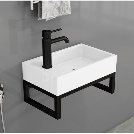 Lave-mains mural mini en céramique 40,2 x 25,1 x 21 cm blanc mat cadre noir OKMYHOME (1/5)