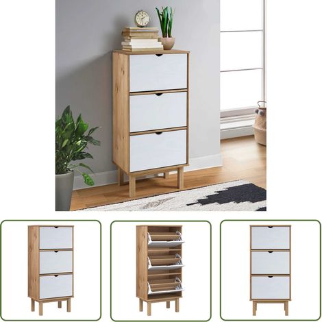 The Living Store Schuhschrank OTTA mit 3 Schubladen Braun&Weiß Massivholz Kiefer - Holz Schrank - Schuhschrank - Kiefernholzmöbel - Garderobe - Aufbewahrungsbox (1/5)