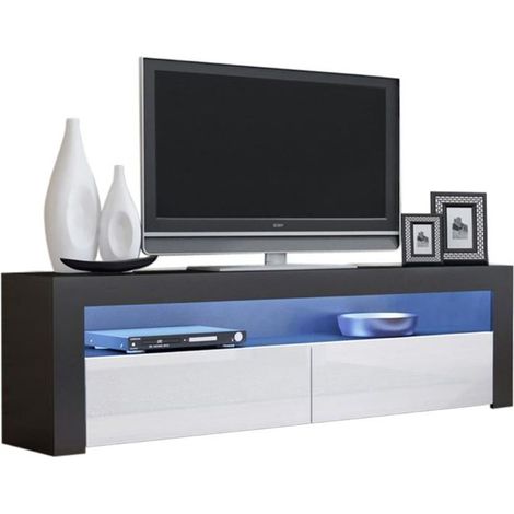 Dusine – Meuble TV Savelli LED noir mat – Portes en laqué blanc – Longueur 157 cm – Mélamine 18 mm – Éclairage LED inclus (1/3)