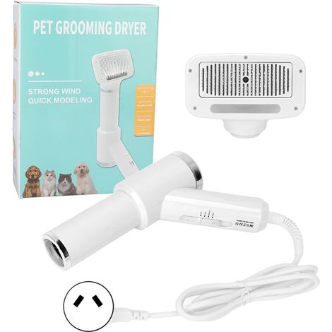 Brosse séchoir pour poils d'animaux avec peigne, température réglable, massage et brosse de toilettage intégrée pour chats et chiens. Blanc. Prise australienne 220 V.