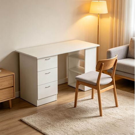 Escritorio informático blanco con 3 cajones y 3 estantes reversibles, 120 x 49 x 72 cm, MDF OKWISH (1/5)