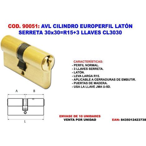 avl cilindro europerfil laton serreta 30x30 r15+3 llaves cl3030